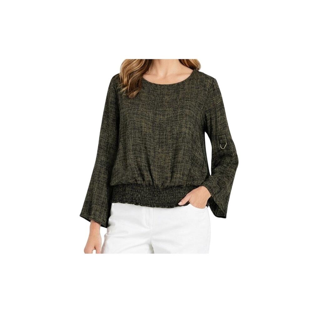 Michael Kors Top Womens Size M Olive Green Black Long Sleeve Satin Elastic Hem